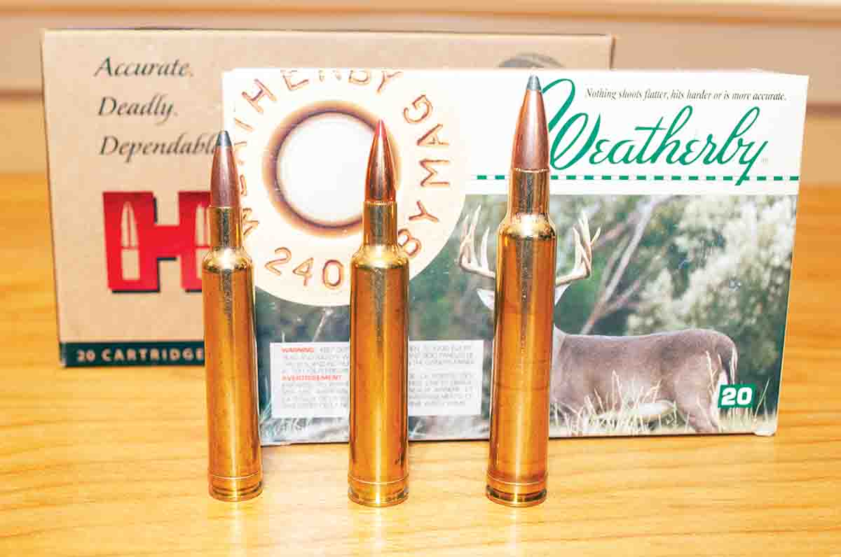 From left: These highly popular Weatherby cartridges include the .240, .257 and .300 Weatherby Magnums.